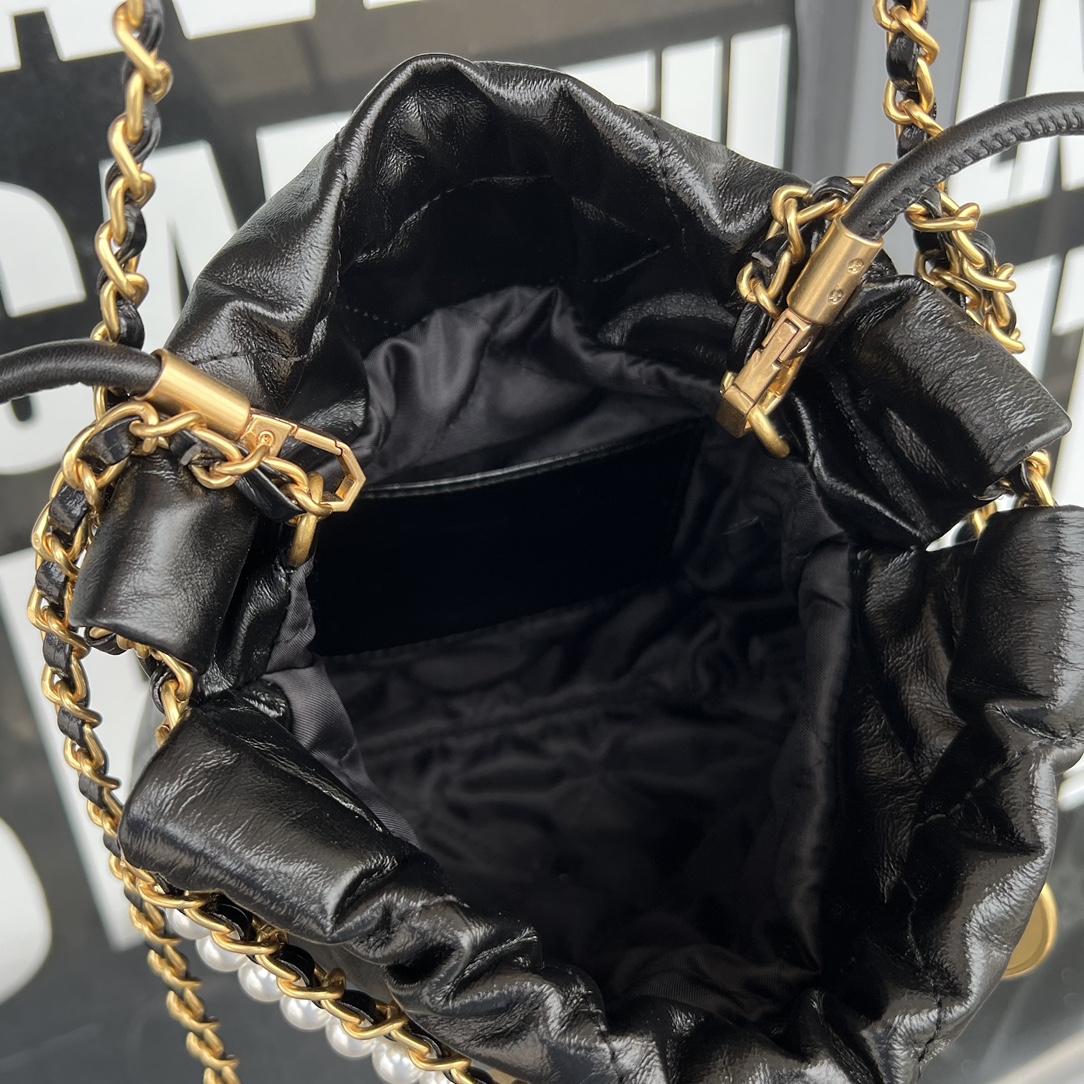 Black Quilted Calf Leather Mini Drawstring Bag