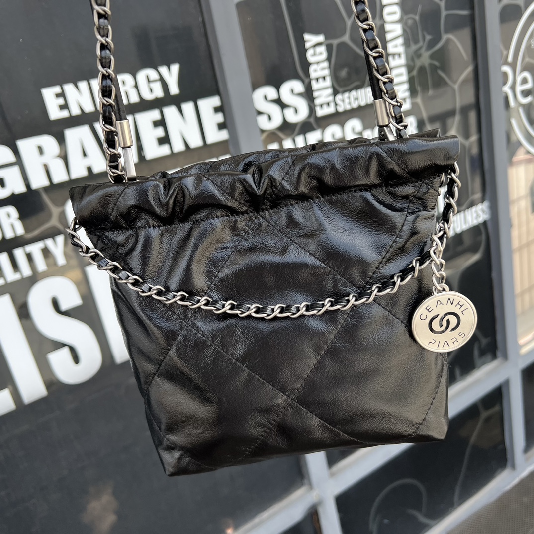 Black Quilted Calf Leather Mini Drawstring Bag