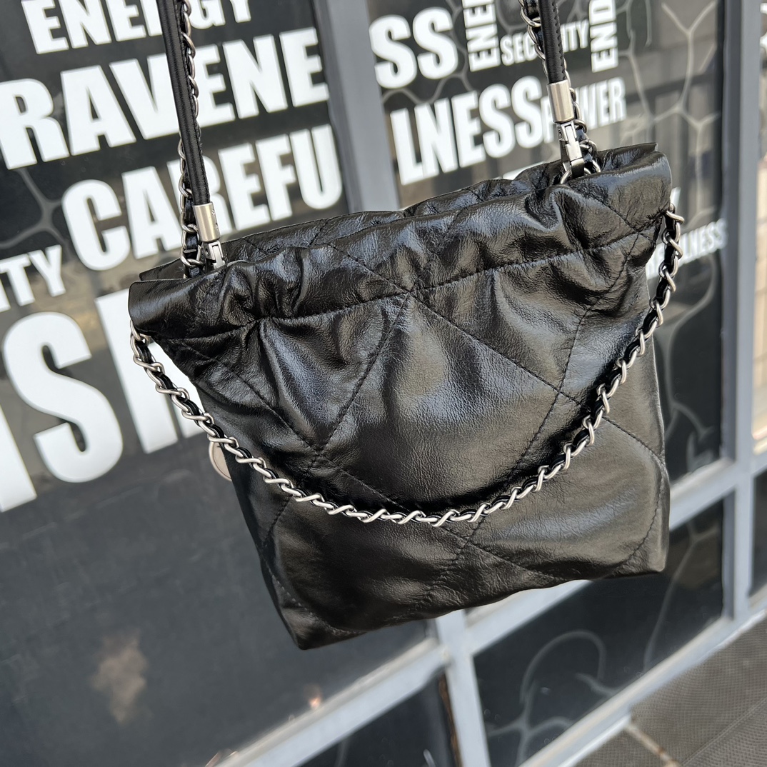 Black Quilted Calf Leather Mini Drawstring Bag