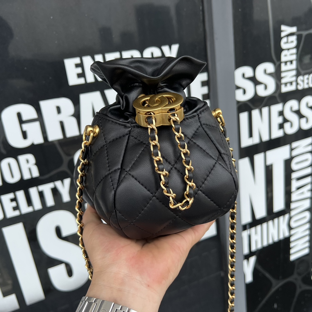 Black Quilted Lambskin Leather Drawstring Bucket Bag