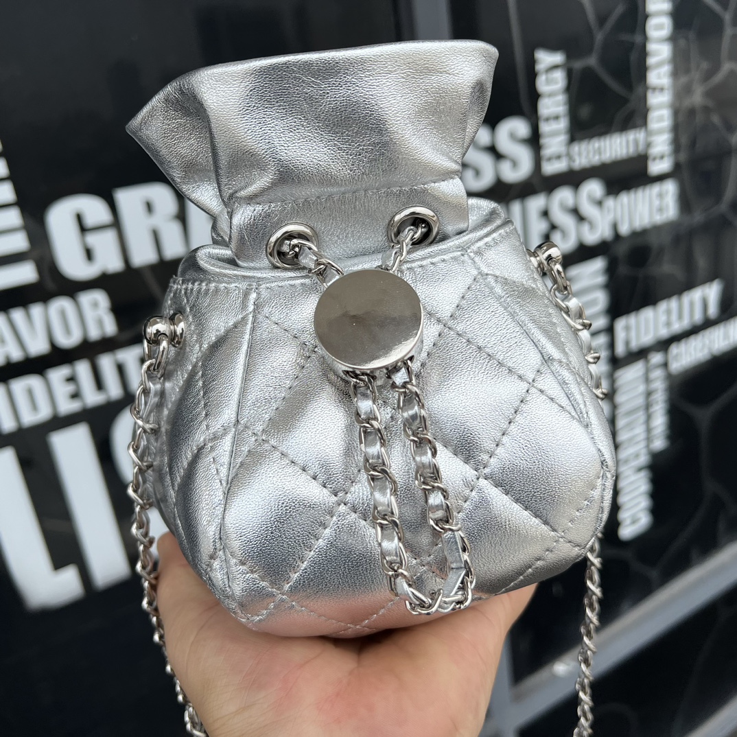 Silver Quilted Lambskin Leather Drawstring Bucket Bag