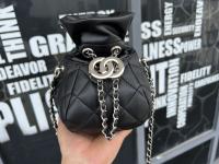 Black Quilted Lambskin Leather Drawstring Bucket Bag