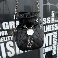 Black Quilted Lambskin Leather Drawstring Bucket Bag