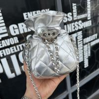 Silver Quilted Lambskin Leather Drawstring Bucket Bag